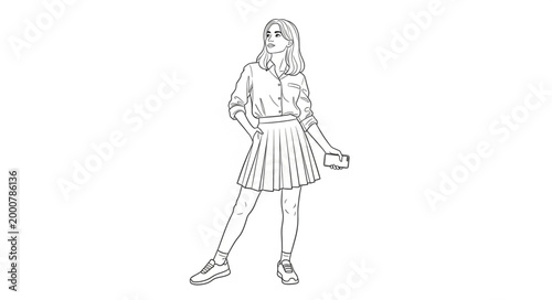 Sketch of a young woman in a skirt and sneakers.