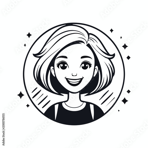 Black and white illustration of a smiling young woman with bob hairstyle short hair line art portrait illustration character creative minimalist headshot hairstyle positive friendly