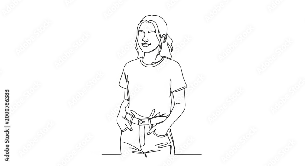 Obraz premium Sketch of a young woman standing with hands in pockets.