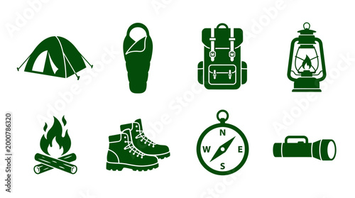 Camping gear essentials including tent, sleeping bag, backpack, lantern, fire, boots, compass, and flashlight