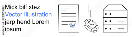 Business finance, data management, cybersecurity, transactional documentation, storage solutions, financial operations. Document, coin and server icons. Business finance data management security