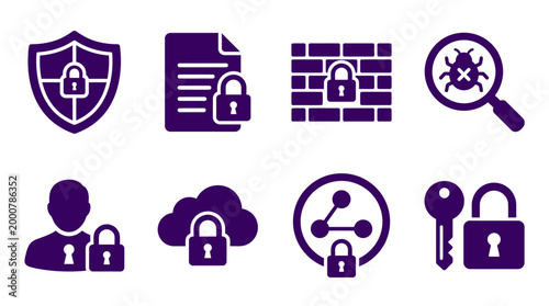 Collection of security icons representing protection, data security, and cyber safety measures