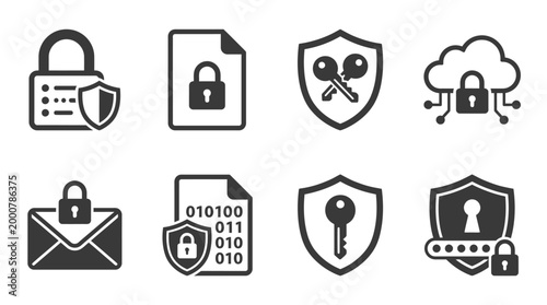 Collection of security icons depicting padlocks, keys, and encrypted files with a digital theme