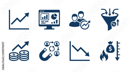 Collection of business growth and analysis icons depicting charts, data, and teamwork concepts
