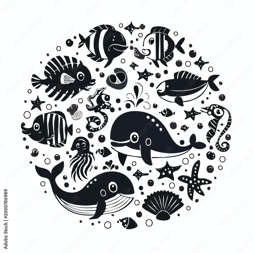 Obraz premium Marine life creatures circular composition illustration with starfish seahorse jellyfish seashell underwater wildlife illustration circular composition monochrome nautical creatures