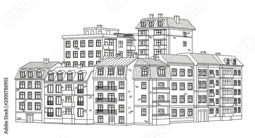 Sketch of apartment buildings in a city street.