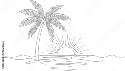 Minimalist single line drawing of a tropical palm tree with coconuts and a radiant sunrise over calm ocean waves.
