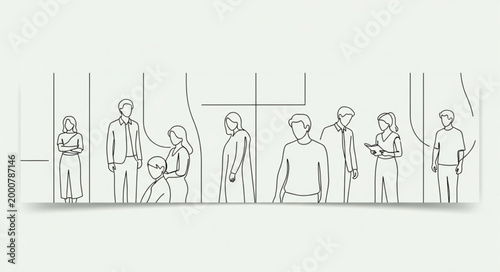 Sketch of diverse people standing in a line illustration.