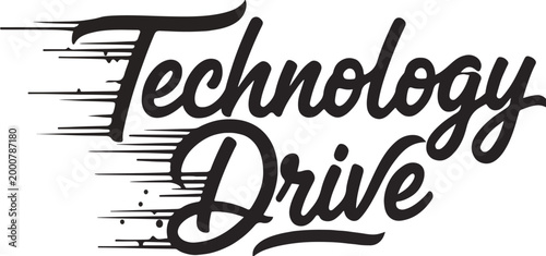 Technology Drive 2026: Fast Motion Black Script Typography and Speed Lines Vector Design