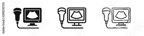 Ultrasound Scanner with Monitor and Probe Medical Imaging Icon Set