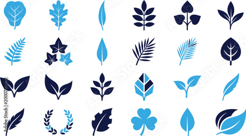 Assorted blue and dark blue botanical leaf symbols, plants, and nature icons.