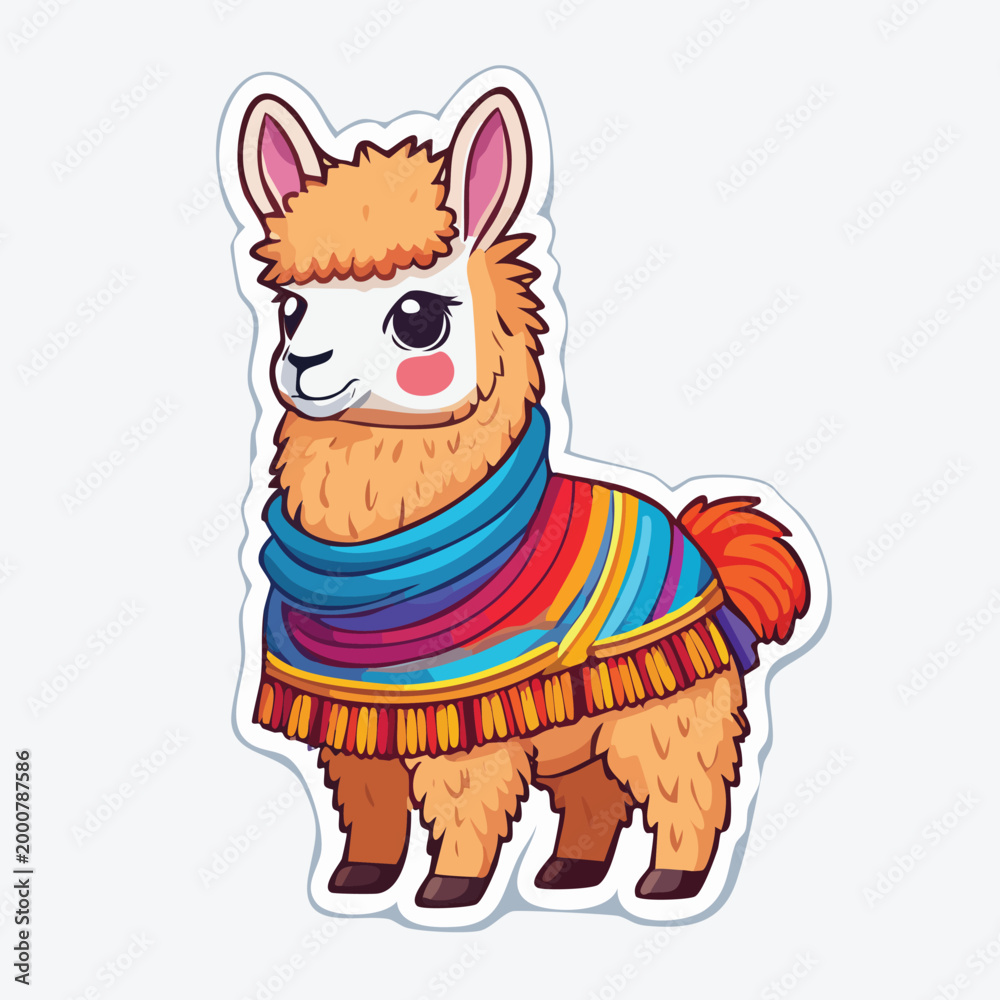 Fototapeta premium Cute cartoon alpaca sticker vector illustration wearing colorful rainbow poncho with colorful character illustration adorable creature wildlife clothing peruvian friendly domestic livestock