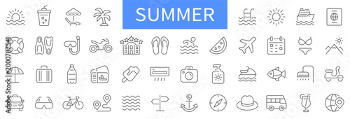 Summer thin line icons set. Sea, beach, summer vacation icon. Editable stroke. Vector