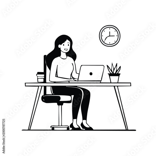 Happy woman working on a laptop at an office desk sitting in a chair with a plant and coffee cup remote work or online study in a home office setup hand-drawn vector illustration, self employed