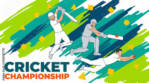 Cricket Championship illustration with players in dynamic action on abstract background
