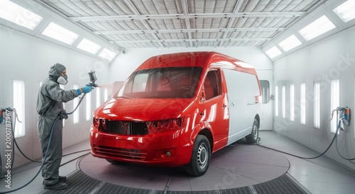 worker spray painting red van in booth