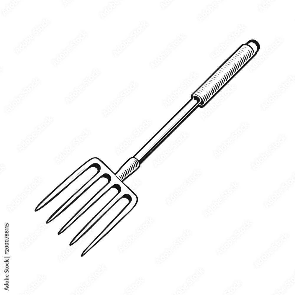 Fototapeta premium Hand drawn four tine pitchfork or hay fork as a rustic farm tool illustration with farming tool garden fork gardening tool black and white line art white background cut out pitchfork cultivate