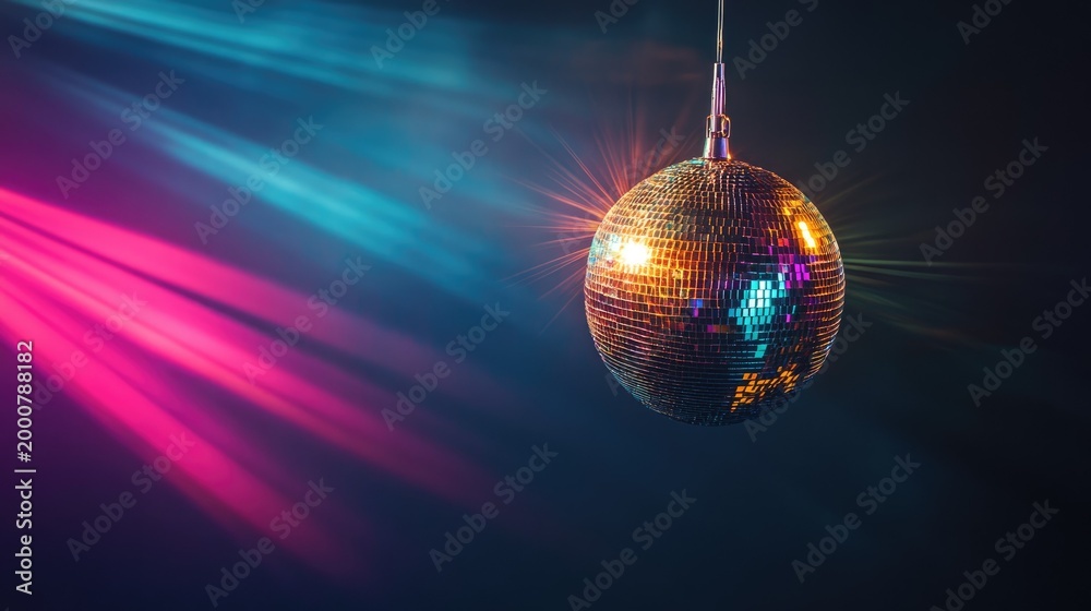 Fototapeta premium Shiny Disco Ball Illuminating a Dance Floor with Colorful Light Patterns and Glamorous Reflections in a Night Club Atmosphere