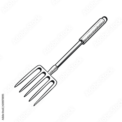 Hand drawn four tine pitchfork or hay fork as a rustic farm tool illustration with farming tool garden fork gardening tool black and white line art white background cut out pitchfork cultivate