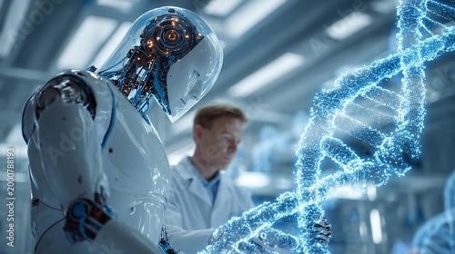 Humanoid robot and male scientist observing a glowing blue digital DNA structure in a laboratory setting