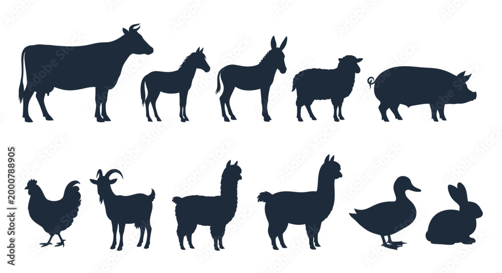 Fototapeta premium Farm Animals Silhouettes Collection Vector Illustration.