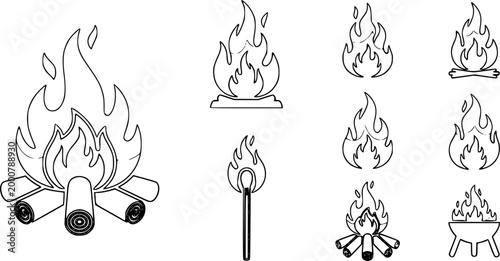 Fire icon collection. Fire flame symbol. Bonfire silhouette logotype. Flames symbols set flat style