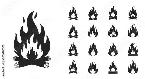 Fire icon collection. Fire flame symbol. Bonfire silhouette logotype. Flames symbols set flat style