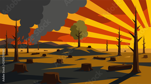 Flat Design Illustration of Environmental Disaster, Deforestation, and Forest Fire