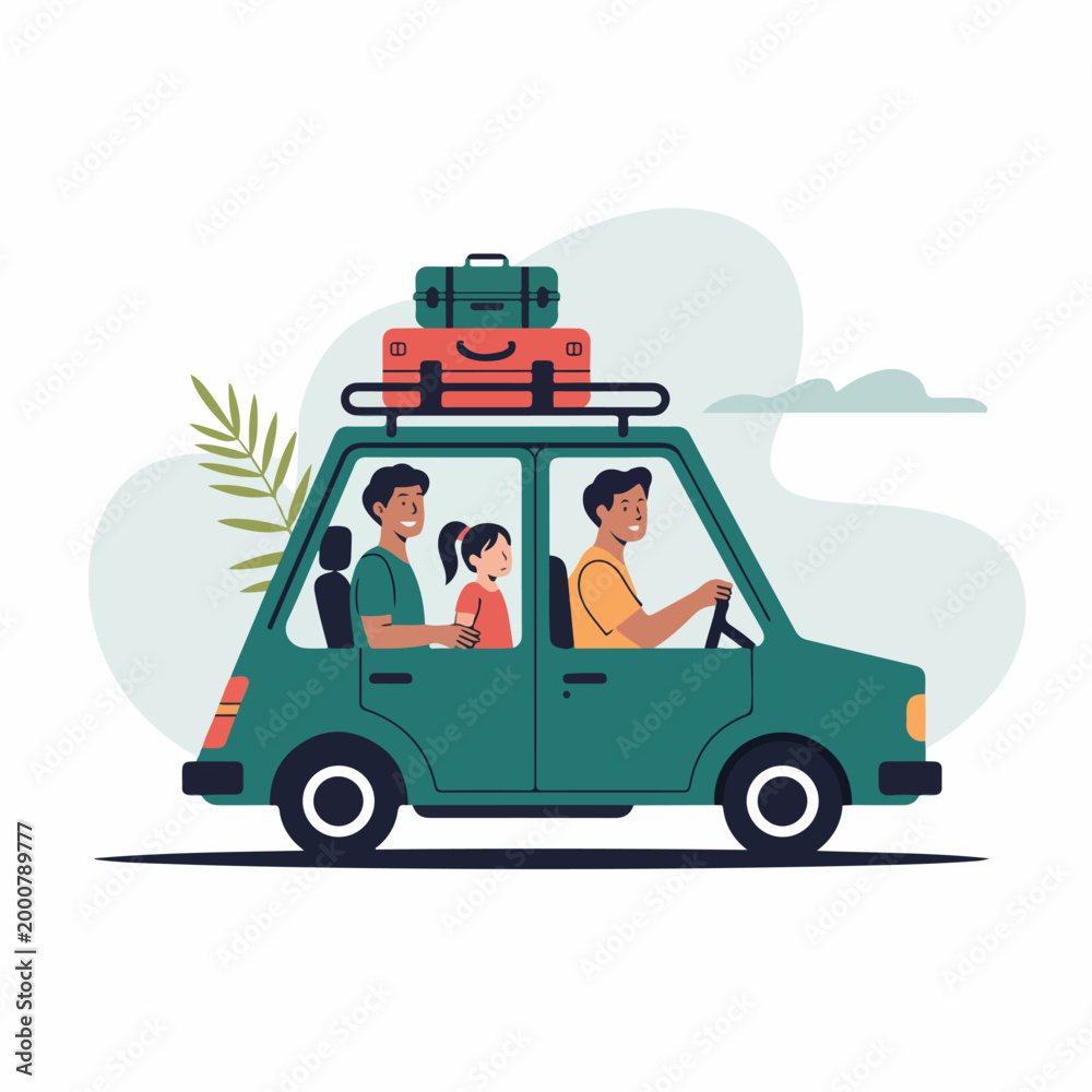 Fototapeta premium Family traveling in car with luggage on roof rack and palm leaf, road trip