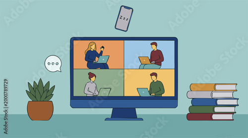 Virtual Meeting or Online Class with People on Video Call and Distracted Phone