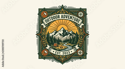 Cuadro en lienzo Vintage outdoor adventure emblem featuring mountains, river, and camping scene,