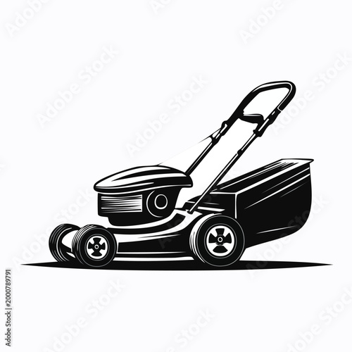 Side view illustration of a push lawn mower for garden maintenance with equipment maintenance landscaping gardening backyard agricultural professional instrument construction illustration