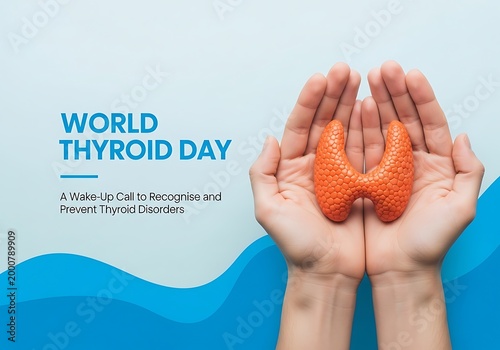 Hands holding orange thyroid gland organ  world thyroid day