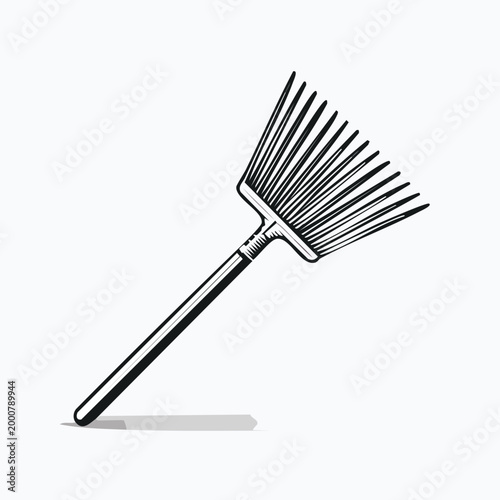 Handheld garden leaf rake vector graphic with gardening landscaping agriculture maintenance equipment cleaning handtool illustration engraving backyard cultivator