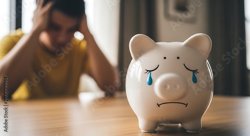 Man stressed with hands on head sitting behind sad crying piggy bank on table indoors