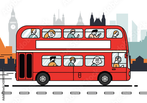 Red double decker bus with passengers driving in London