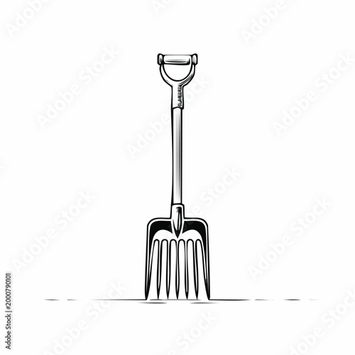 Vintage hand drawn garden pitchfork illustration with pitchfork gardening agriculture equipment illustration landscaping cultivation horticulture monochrome isolated implement