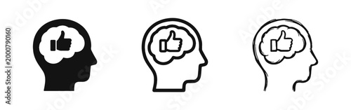 Positive Thinking Icon Set, Human Head with Thumbs Up in Brain Symbols for Approval and Mental Health