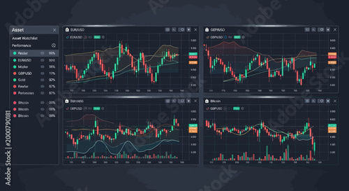 Financial trading dashboard showing multiple stock market charts and analytics.