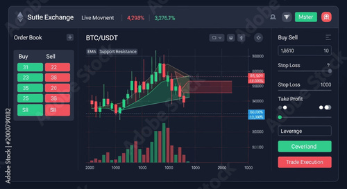 Cryptocurrency trading platform interface showing Bitcoin price chart and order book.