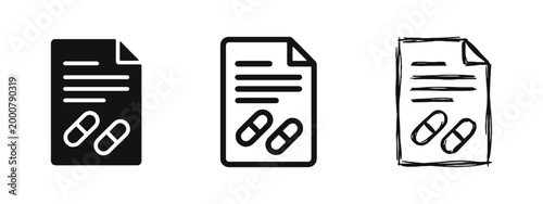 Medical Prescription Icon Set, Paper Document with Pills Icons for Healthcare and Pharmacy