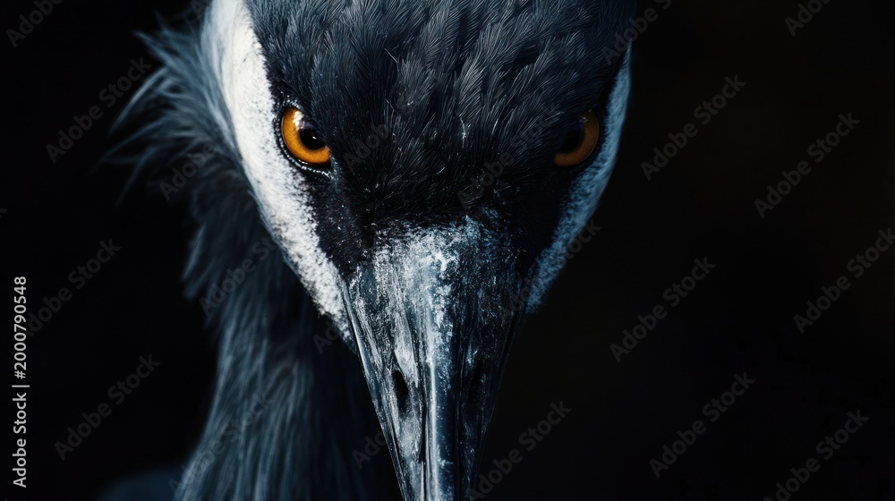 Fototapeta premium Close-up crane head, intense gaze, dark background