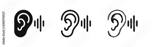 Hearing Icons Set, Ear with Sound Wave Symbols for Listening and Audio Accessibility in Various Styles