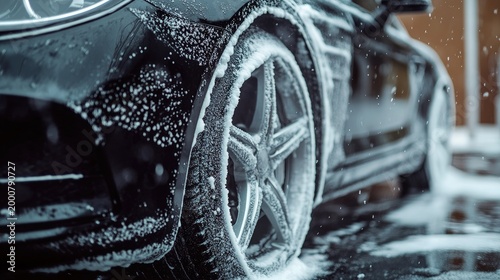 Close-Up View of Wet Black Car Tire Covered in Soap and Water Droplets During Car Wash or Winter Weather Conditions in Urban Environment