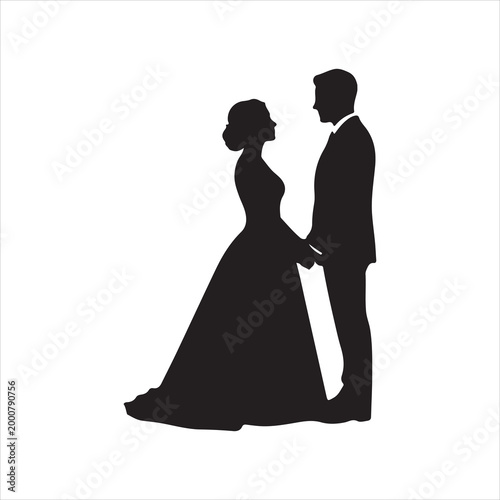 Tableau sur toile Bride groom silhouette holding hands wedding couple on white background