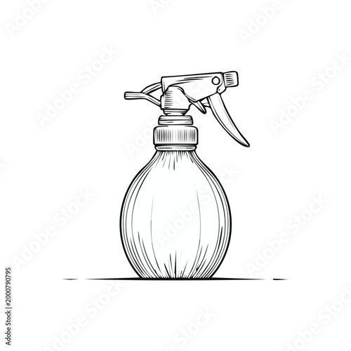 Hand drawn sketch of a plastic spray bottle for cleaning or gardening with cleaning gardening illustration monochrome isolated container dispenser equipment household disinfectant sanitizer