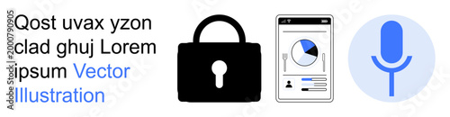 Cybersecurity, online privacy, digital access, secure communication, data management, mobile interface. A lock, smartphone displaying analytics and microphone icon. Cybersecurity and online privacy