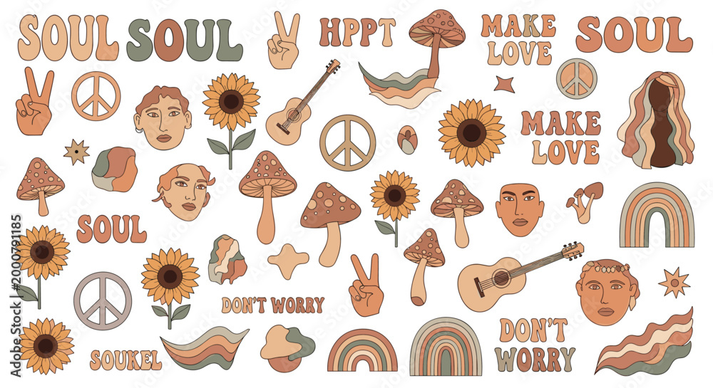 Fototapeta premium Large set of retro hippie stickers including peace signs, sunflowers, mushrooms, guitars, rainbows, and inspirational text.