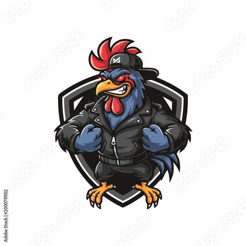 Rooster Mascot in Leather Vest on Shield