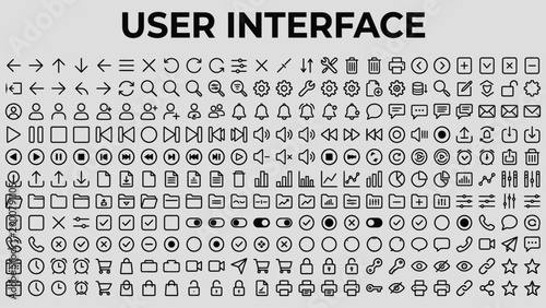 User Interface UI, UX web icons in line style. User, profile, message, mobile app, document file, social media, button, home, chat, arrow, collection. Vector graphic.
